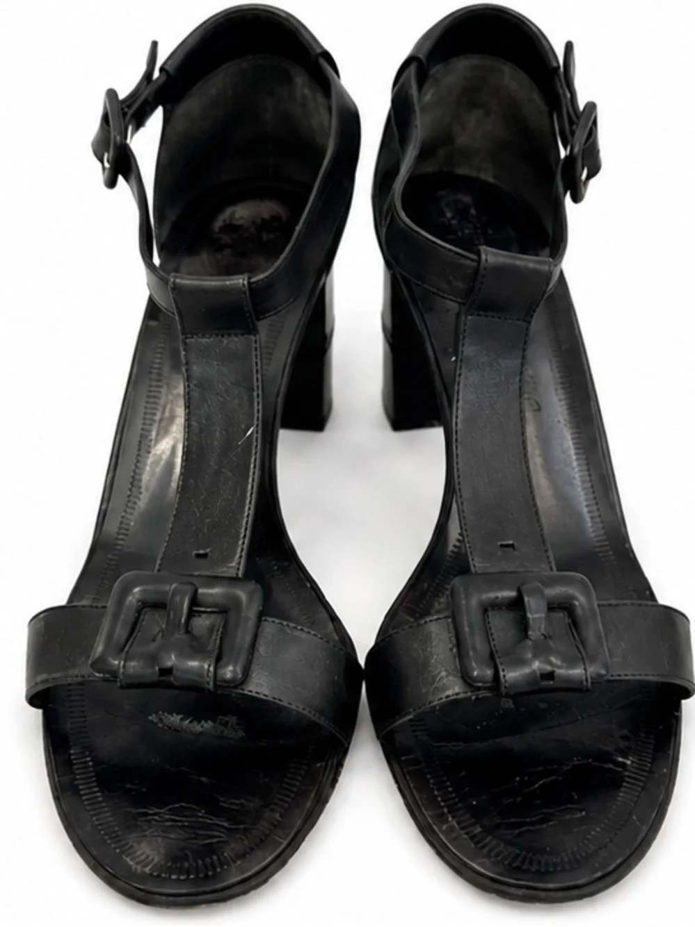 Delman Black Leather T-Strap Buckle Block Heel Sandals Size 10
